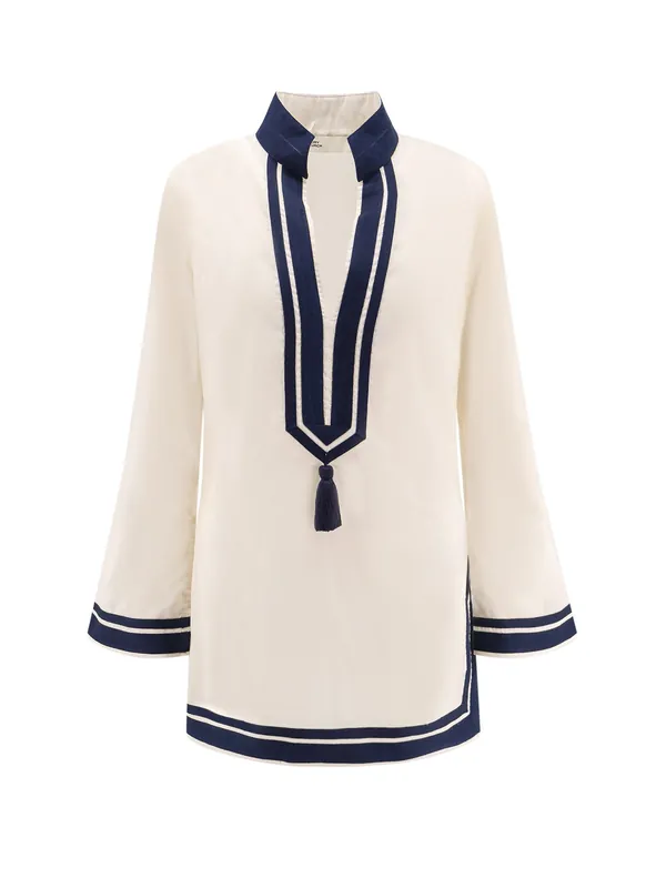 Cotton Short Dress With Contrasting Profiles - Tory Burch