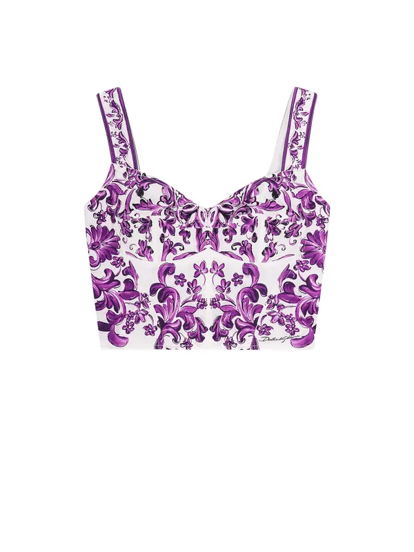 Cotton Blend Bustier Top With Maiolica Print - Dolce & Gabbana
