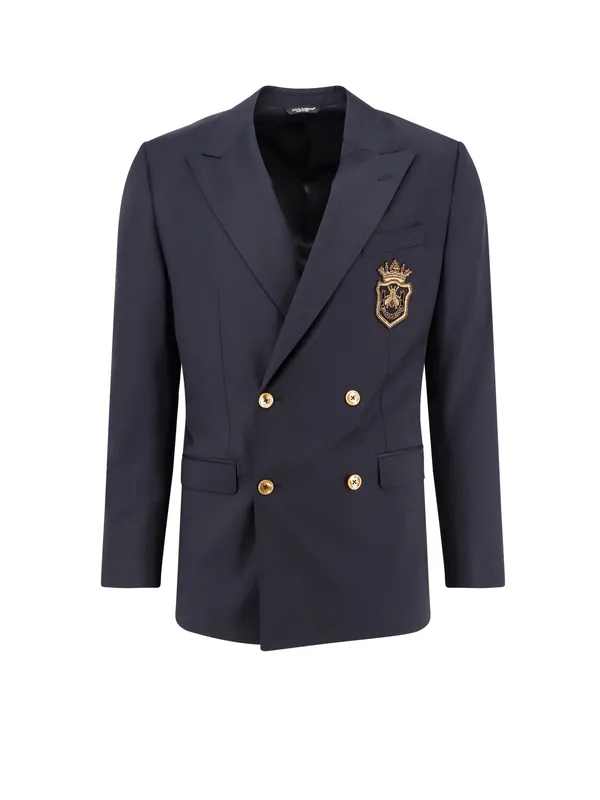 Stretch Virgin Wool Blazer With Frontal Logo Patch - Dolce & Gabbana