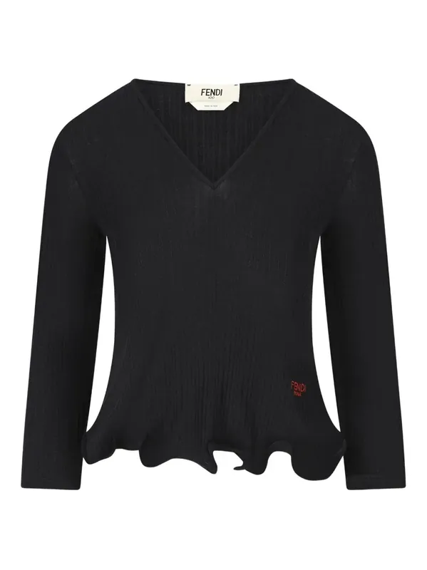 V-Neck Ribbed Top With Ruffles