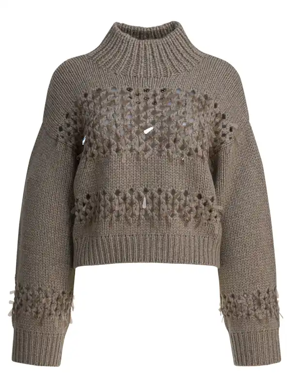 Embellished Cashmere Crewneck Sweater Knitwear Brown - Brunello Cucinelli