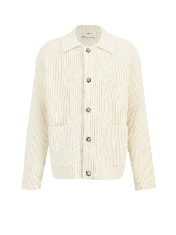 Wool And Cotton Ribbed Cardigan - Ami Paris
