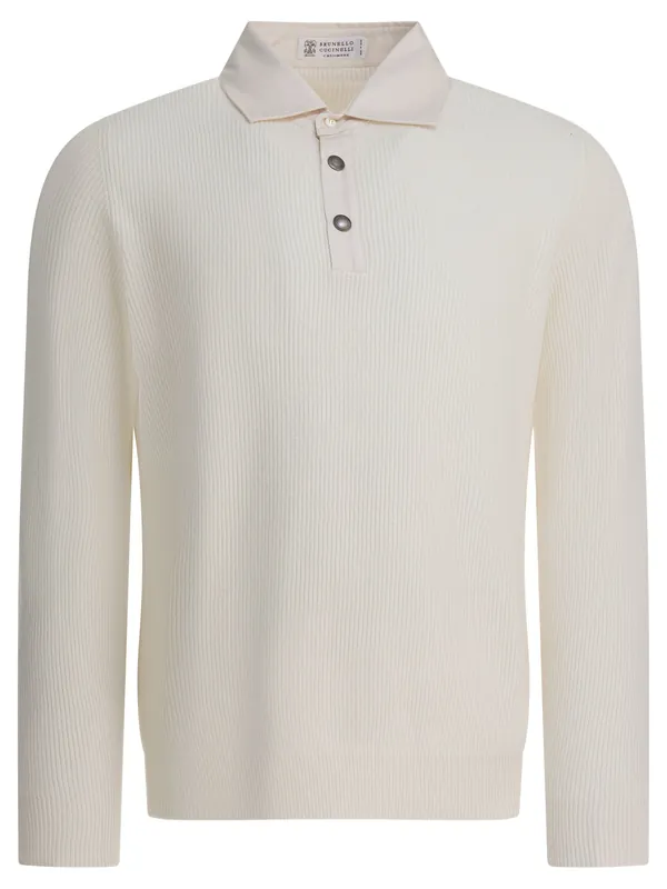 Ribbed Knit Polo Shirt Knitwear White - Brunello Cucinelli