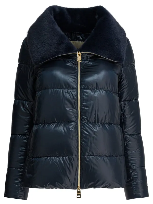 Ultralight Nylon Down Jacket And Lady Alternative Fur Jackets And Coats Blue - Herno