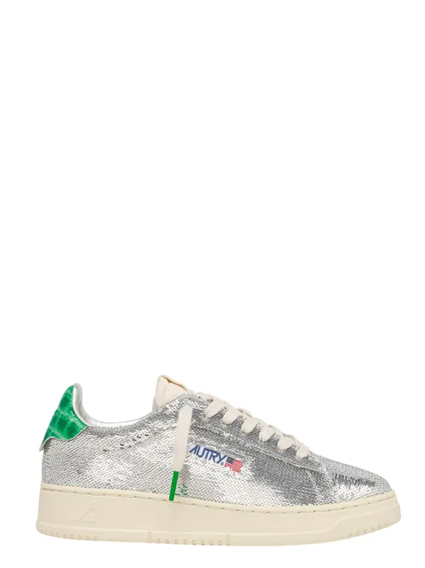 Dallas Low Sparkling Sneakers In Silver And Green Sequins - Autry