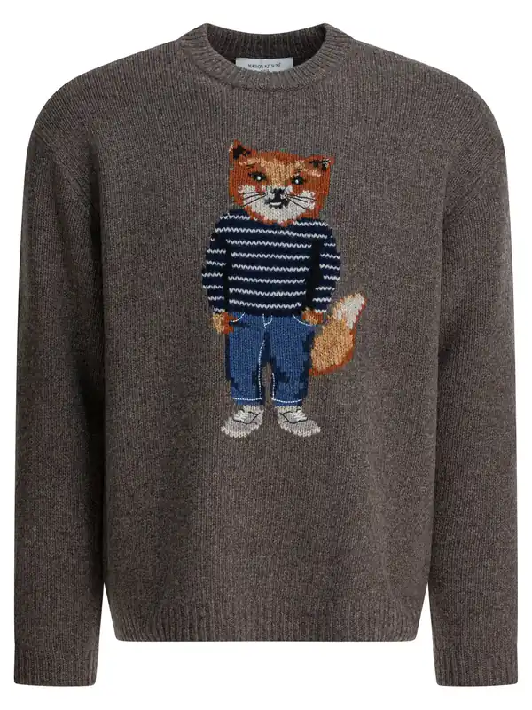 Wool Sweater With Dressed Fox Knitwear Grey - Maison Kitsuné