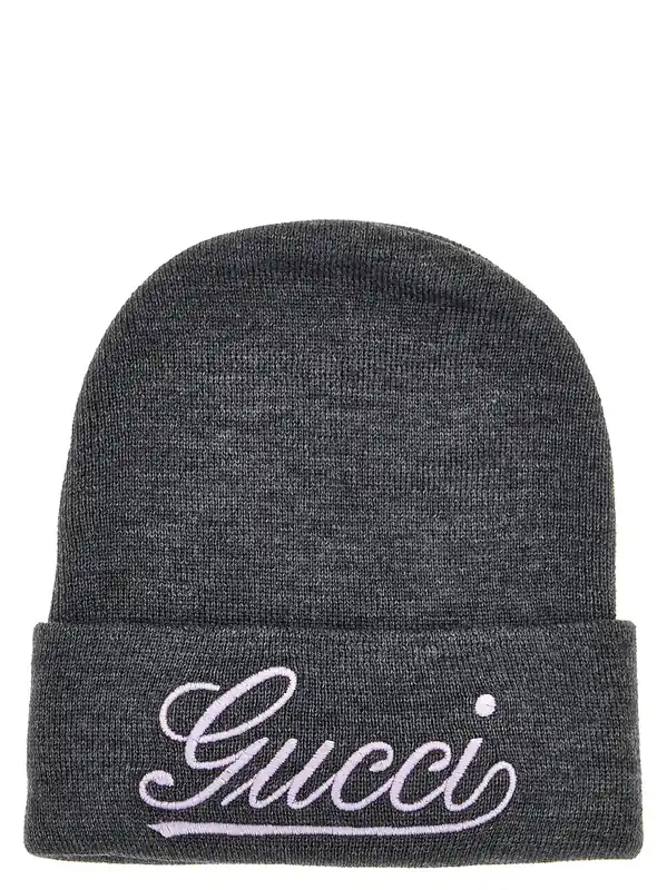 Logo Embroidery Beanie Hats Gray - Gucci