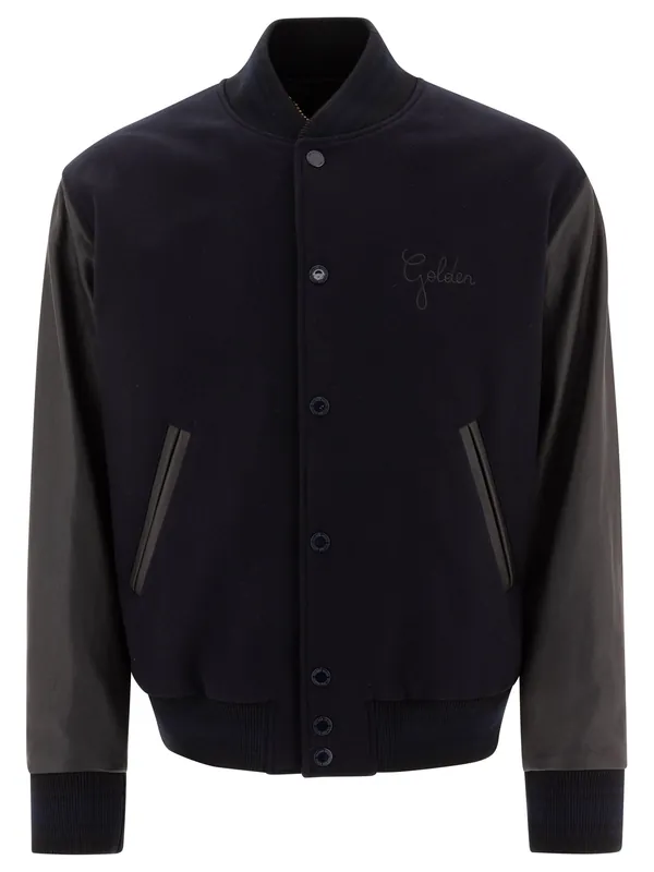 Wool And Leather Bomber Jacket Jackets And Coats Blue - Golden Goose