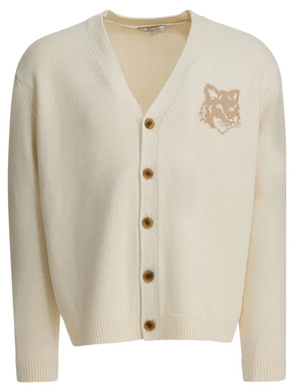 Wool Cardigan With Fox Head Knitwear Beige - Maison Kitsuné