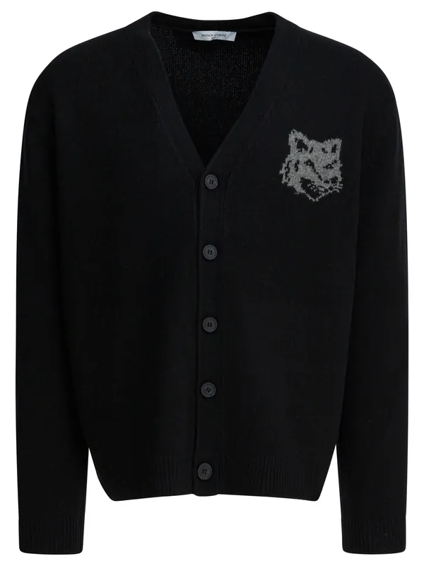 Wool Cardigan With Fox Head Knitwear Black - Maison Kitsuné