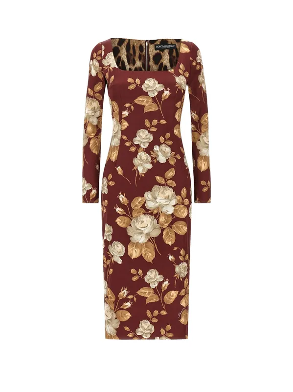 Vintage Rose Print Satin Midi Pencil Dress - Dolce & Gabbana