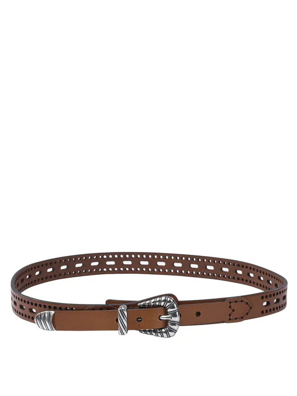 Leather Belt With Perforated Details Belts Brown - Etro