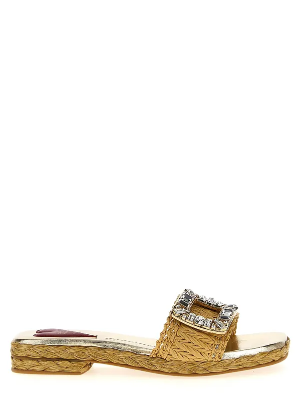 Raffia Jewel Sandals Beige - Roger Vivier