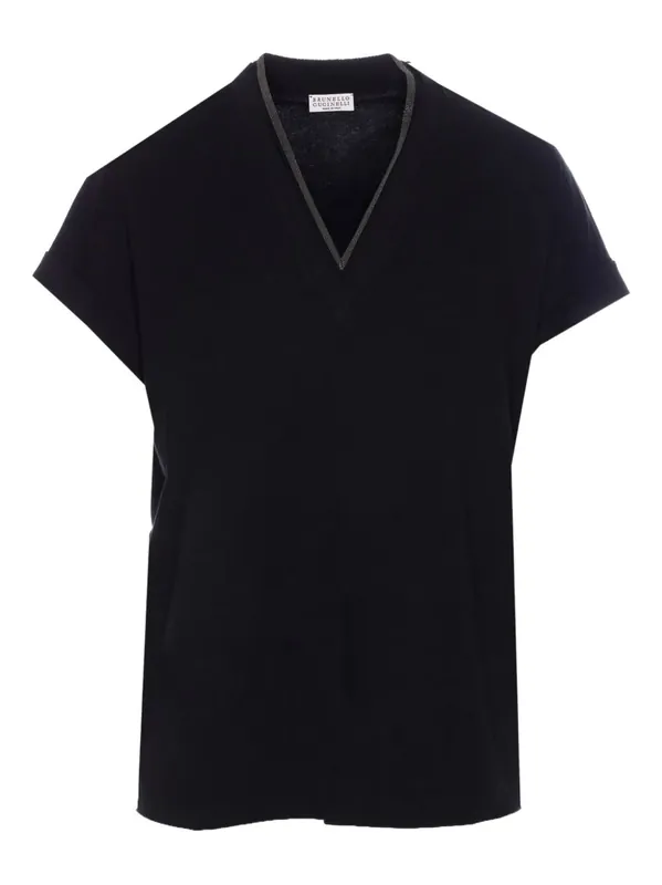 Monili Trim V-Neck Cotton T-Shirt