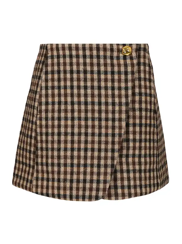 Checked Wool Mini Skirt Skirts Brown - Ganni