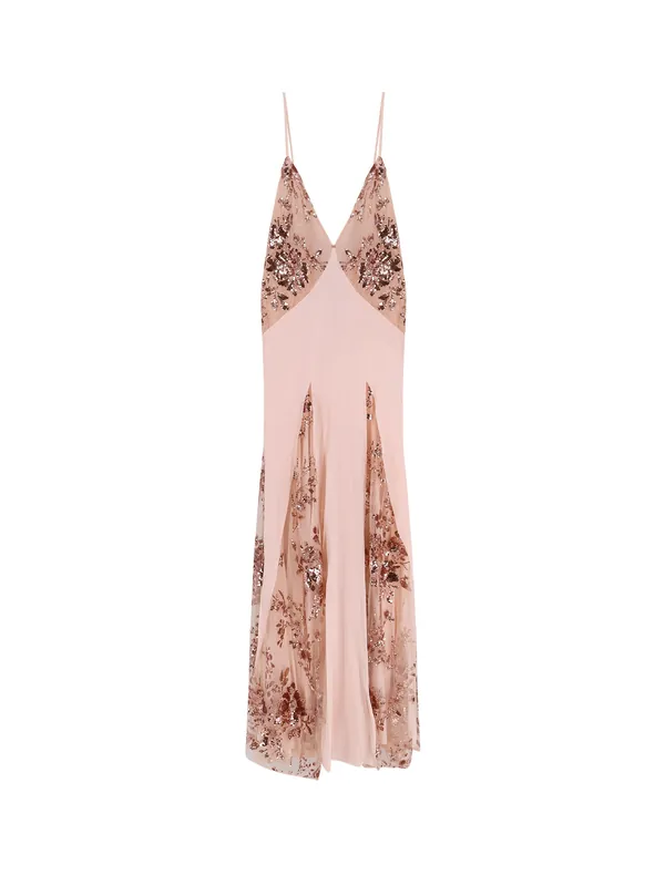 Red Carpet Dress In Silk Georgette Fabric And Embroidered Lace - Elisabetta Franchi