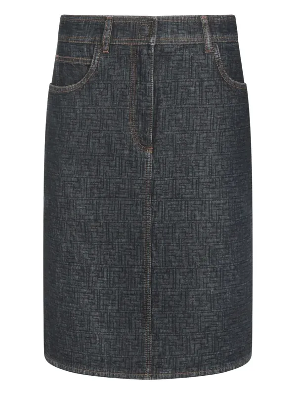 Flared Midi Denim Skirt With All-Over Quilted Ff Motif