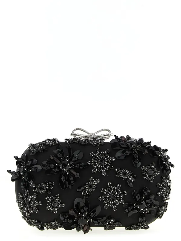 Black Satin Floral Crystal Clutch Black - Self-Portrait