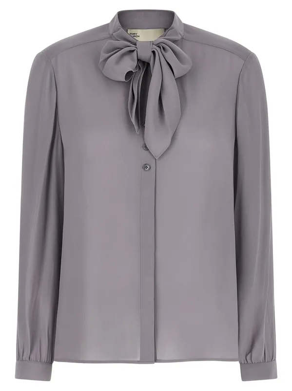 Georgette Bow Shirt And Blouse Gray - Tory Burch