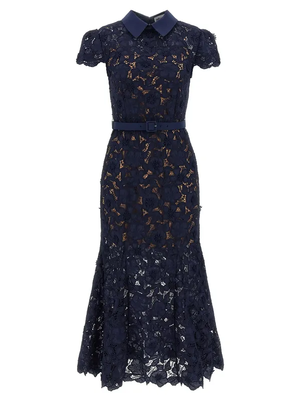 Navy Guipure Lace Midi Dresses Blue - Self-Portrait