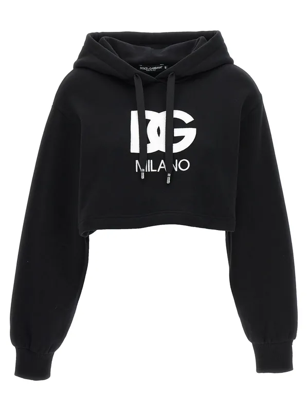 Logo Embroidery Cropped Hoodie Sweatshirt Black - Dolce & Gabbana