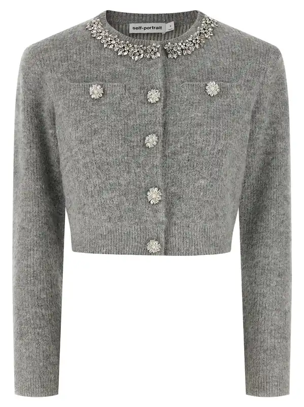 Grey Fluffy Crystal Trim Sweaters And Cardigans Gray - Self-Portrait