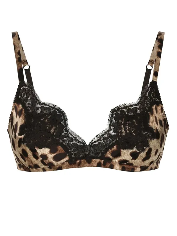 Leopard-Print Soft-Cup Satin Bra With Lace Detailing