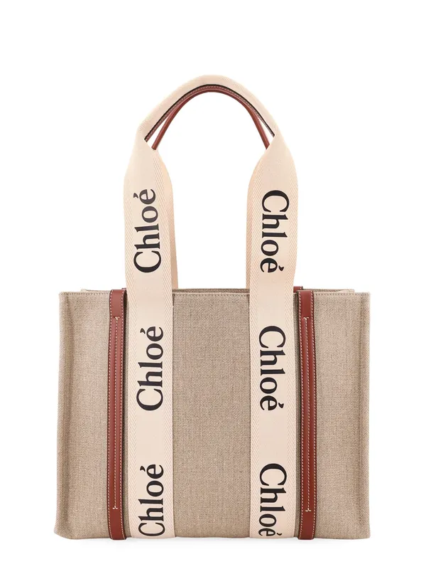 Woody Linen Shoulder Bag With Logo Lettering On The Front - Chloé