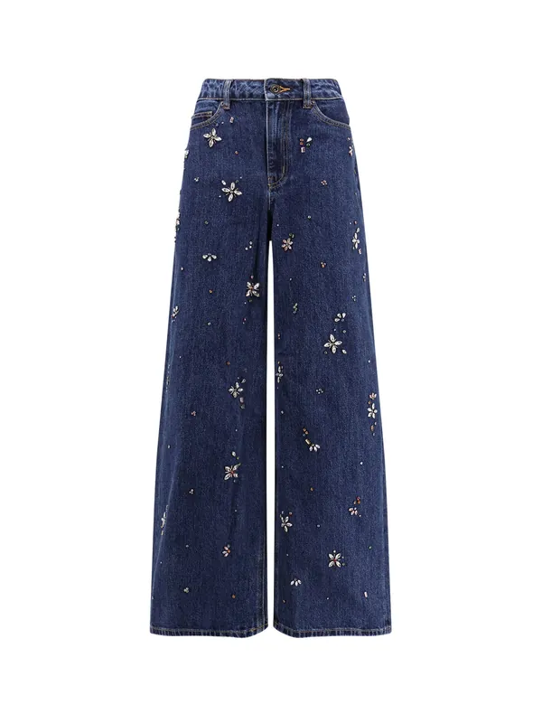 Wide Leg Jeans With Rhinsestones - Self-Portrait