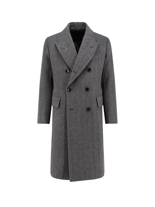 Double-Breasted Wool Coat With Herringbone Motif