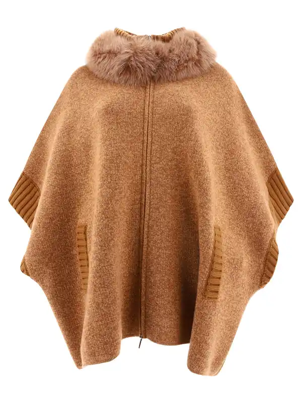 Cape With Fur Inserts Jackets And Coats Beige - Giovi