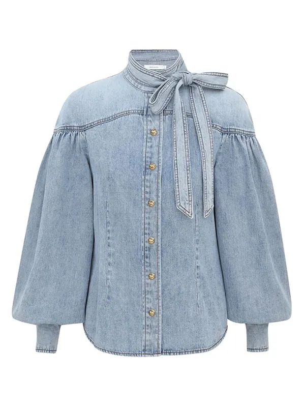Denim Tie Neck Blouse - Zimmermann