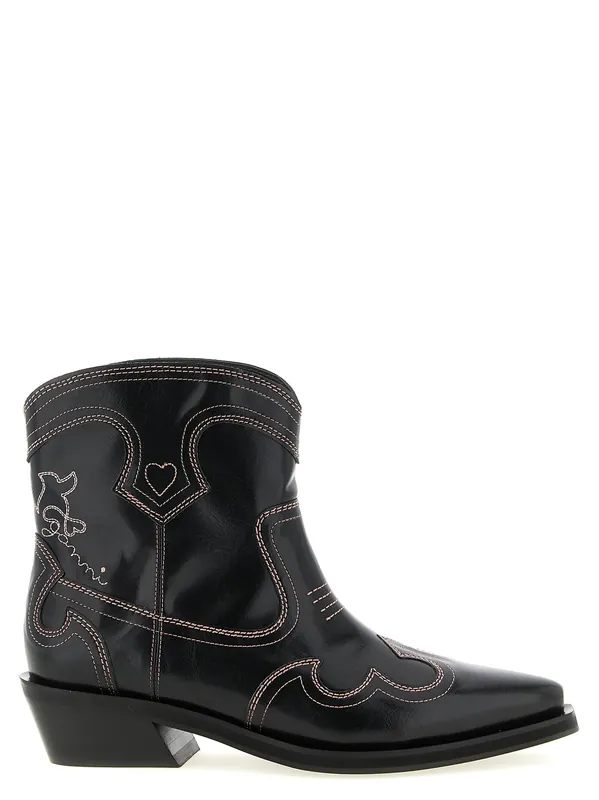 Low Shaft Embroidered Western Boots And Ankle Boots Black - Ganni