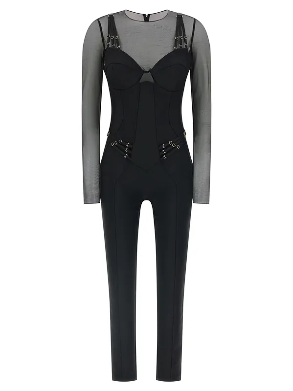 Jersey And Tulle Jumpsuit Jewelry Black - Elisabetta Franchi