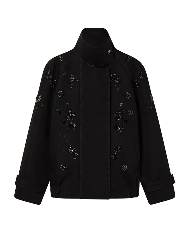 Black Denim Jacket With Floral Details In Sequins And Crystals - Golden Goose