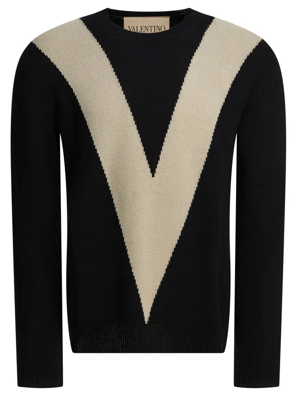 Wool Sweater With Inlaid V Knitwear Black - Valentino Garavani