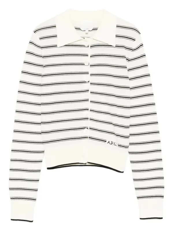 Polo-Collar Cotton Striped Cardigan
