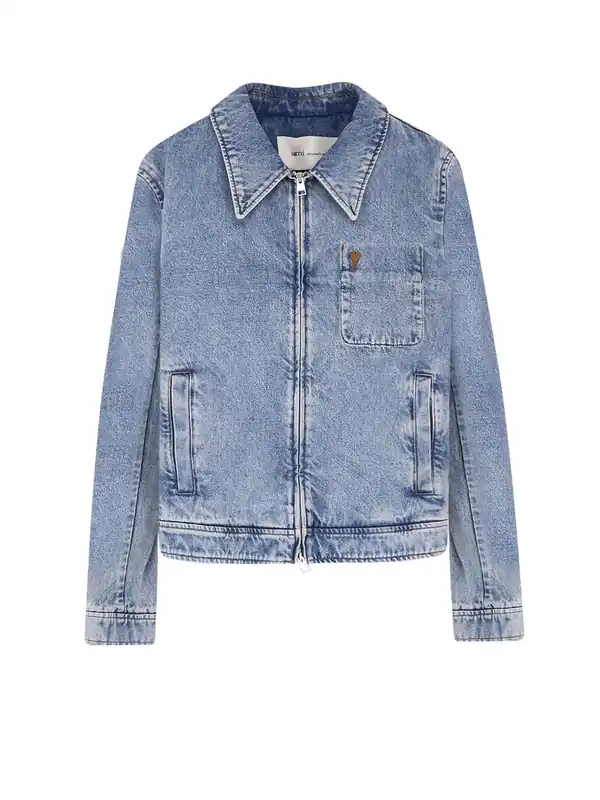 Denim Jacket With Iconic Logo On The Front - Ami Paris