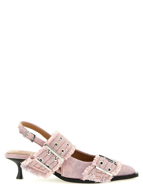 Feminine Buckle Fringed Denim Pumps Pink - Ganni