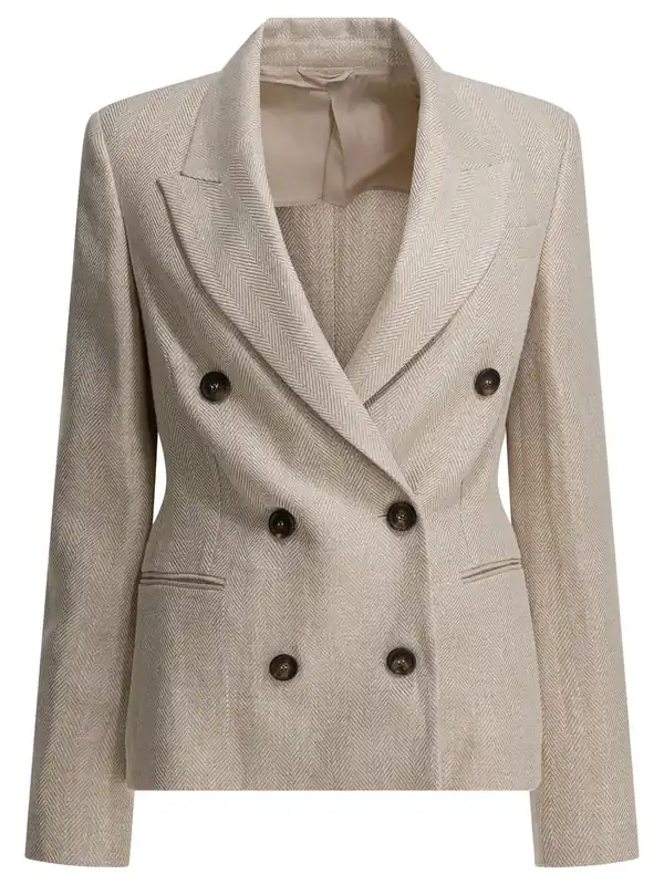 Linen-Blend Double-Breasted Blazer Jackets And Coats Beige