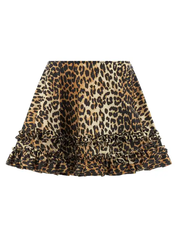 Leopard Duchesse Nylon Mini Frill Skirts Brown - Ganni