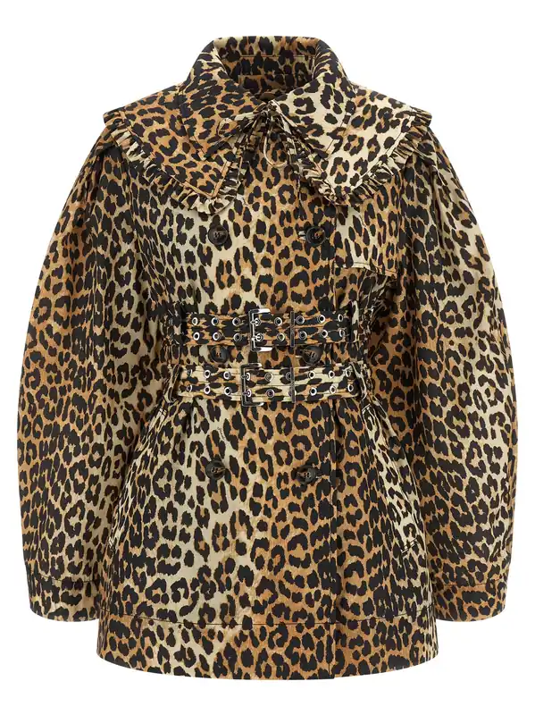 Leopard Duchesse Nylon Short Coats And Trench Coats Brown - Ganni