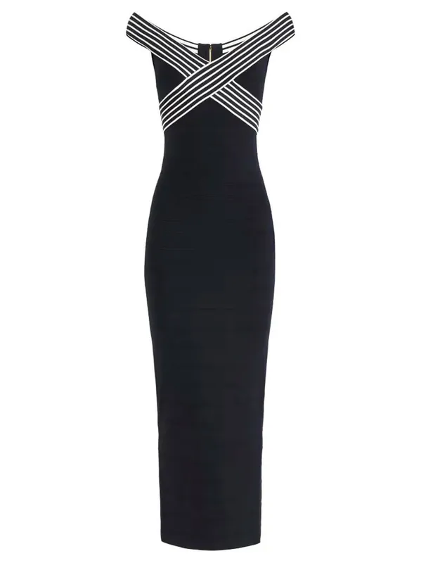 Knit Long Dress With Striped Bands - Elisabetta Franchi