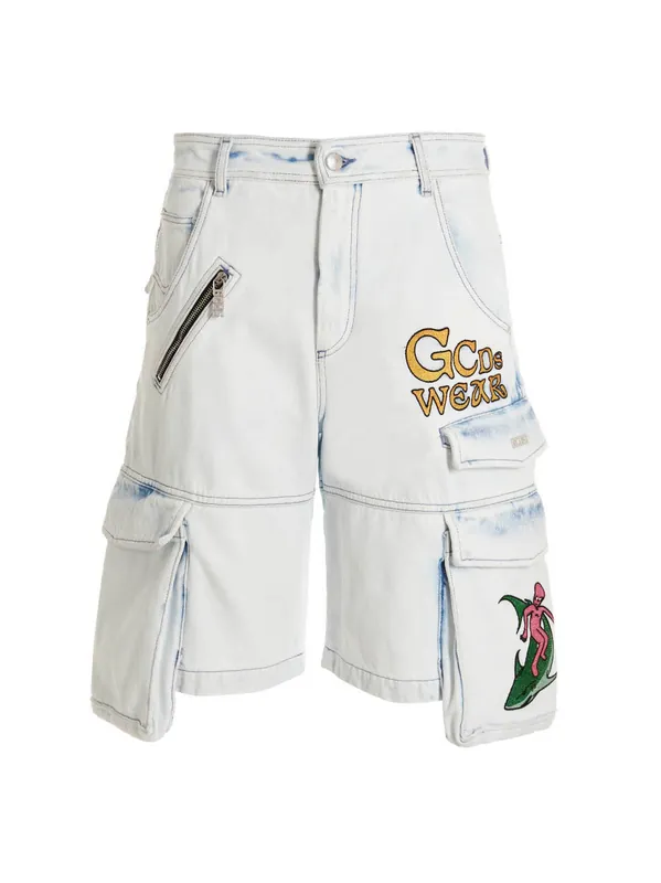 Bleached Embroidered Ultracargo' Bermuda Shorts Bermuda And Short Light Blue - GCDS
