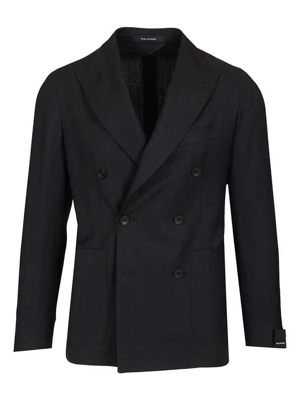 Double-Breasted Herringbone Fabric Blazer Jackets Blue