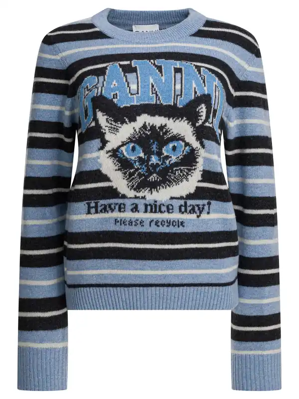 Wool Sweater With Print Knitwear Light Blue - Ganni