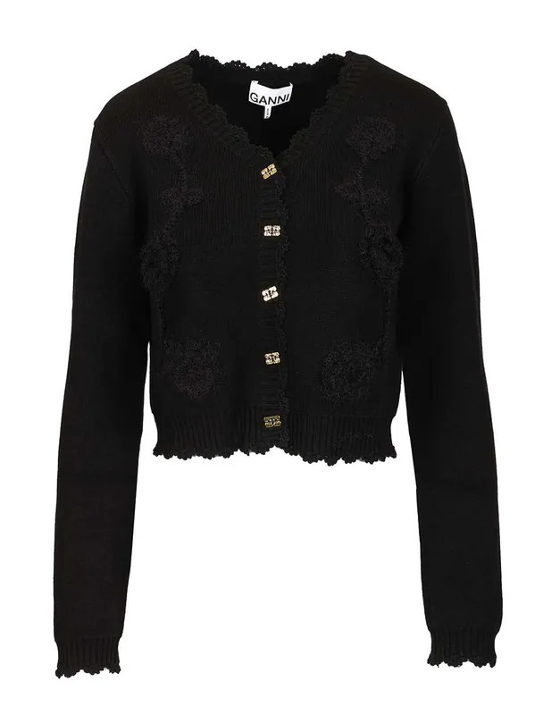 Cotton Cashmere Crochet Applique Cardigan Knitwear Black - Ganni