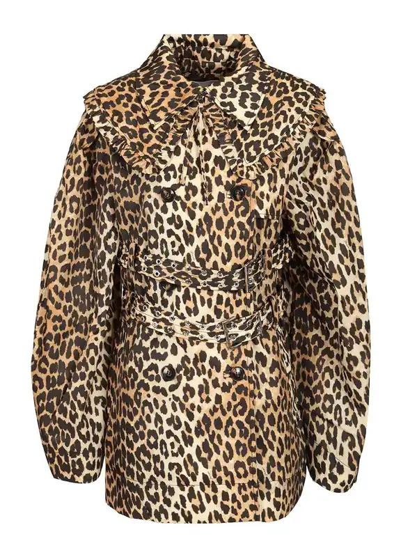 Short Duchesse Trench Coat With Animal Print Coats Animalier - Ganni