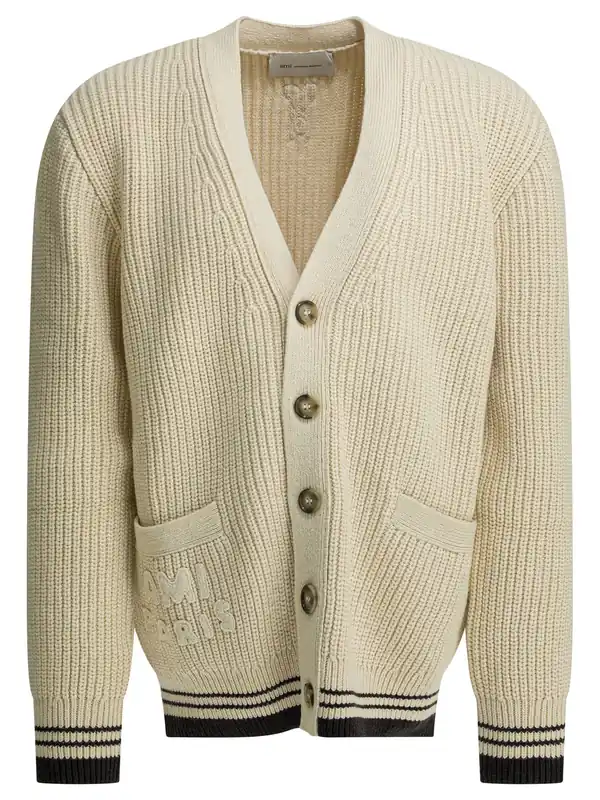 Wool Cardigan With Logo Knitwear White - Ami Paris