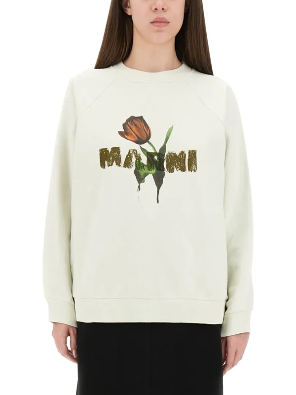 White Cotton Sweatshirt With Tulip Print - Marni